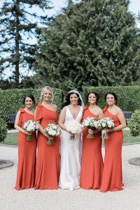 One shoulder bow red bridesmaid dresses by Miabelle